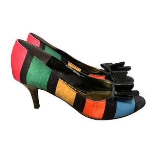 Neiman Marcus J. Renee 7.5 Rainbow Satin Stripe Peeptoe Pumps Leather Bow Heels
